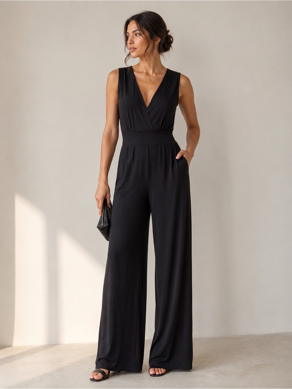 NWT IMAN Global Chic Sweetheart neckline Jersey Jumpsuit Black Sz S